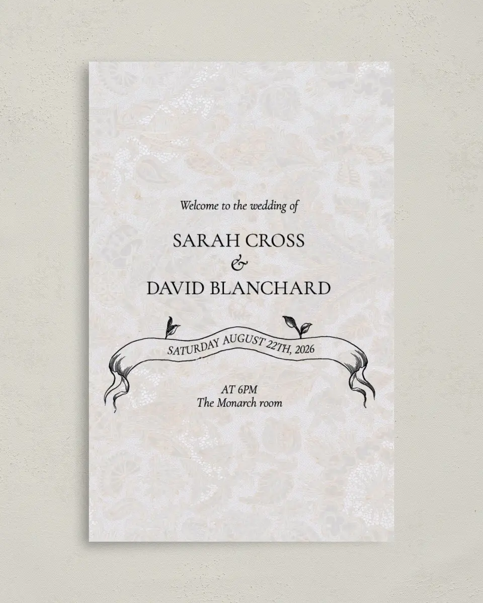 This is a 5" x 7⅞" Folded Half-fold Wedding Program called Trimmed Lace printed in full color with Gold foil on Premium Smooth paper