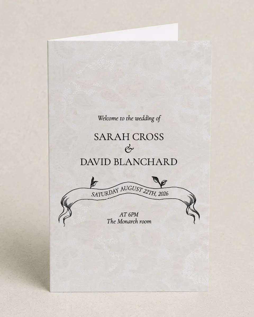 This is a 5" x 7⅞" Folded Half-fold Wedding Program called Trimmed Lace printed in full color with Gold foil on Premium Smooth paper