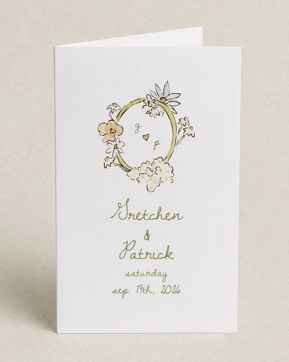 This is a 5" x 7⅞" Folded Half-fold Wedding Program called Soft Garden Vows printed in full color with Gold foil on Premium Smooth paper