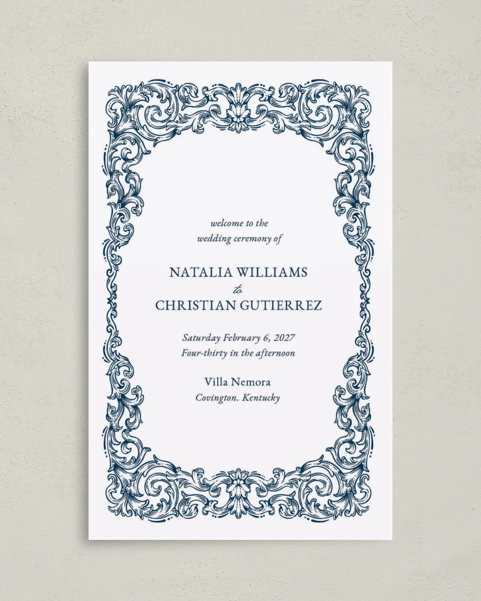 This is a 5" x 7⅞" Folded Half-fold Wedding Program called Heirloom Crest printed in full color with Gold foil on Premium Smooth paper