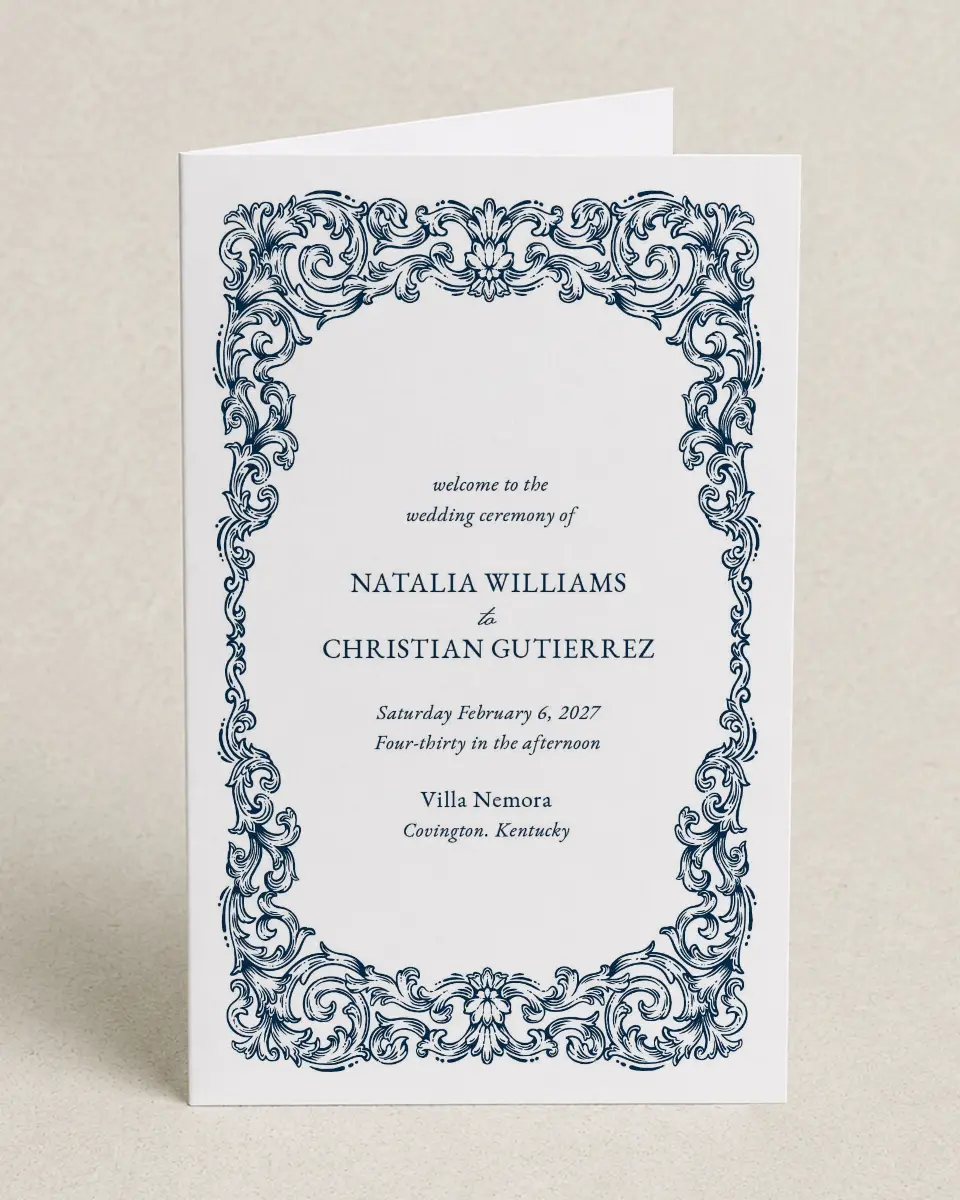 This is a 5" x 7⅞" Folded Half-fold Wedding Program called Heirloom Crest printed in full color with Gold foil on Premium Smooth paper