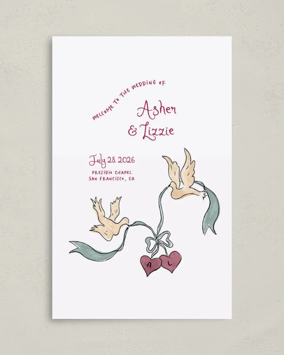 This is a 5" x 7⅞" Folded Half-fold Wedding Program called Love Dove printed in full color with Gold foil on Premium Smooth paper