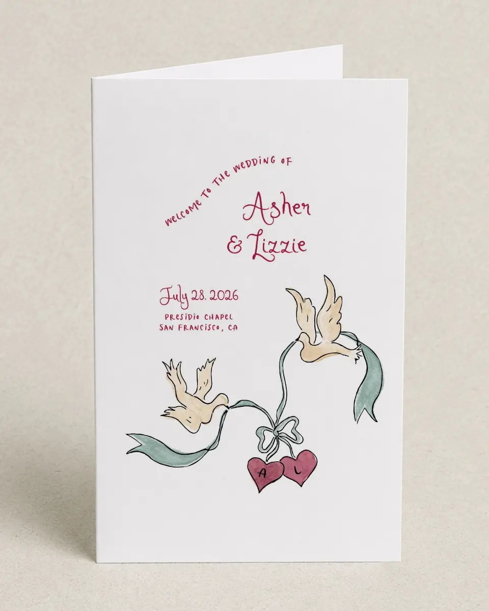 This is a 5" x 7⅞" Folded Half-fold Wedding Program called Love Dove printed in full color with Gold foil on Premium Smooth paper