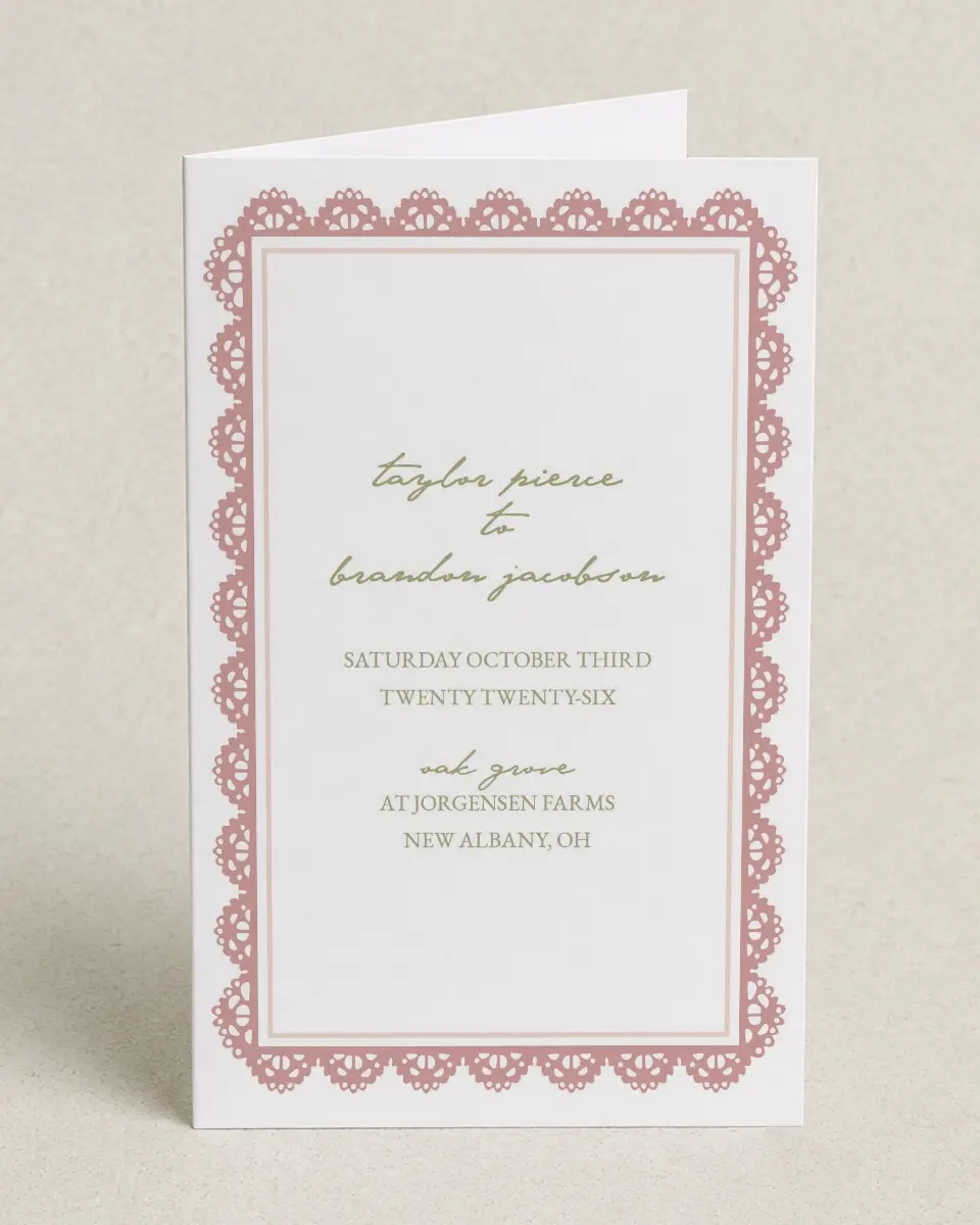 This is a 5" x 7⅞" Folded Half-fold Wedding Program called Verdant Romance printed in full color with Gold foil on Premium Smooth paper