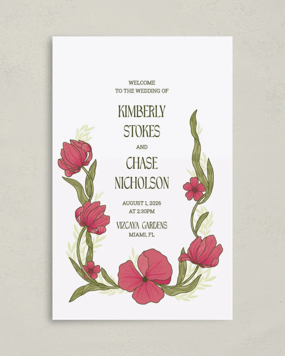 This is a 5" x 7⅞" Folded Half-fold Wedding Program called Nouveau Romance printed in full color with Gold foil on Premium Smooth paper