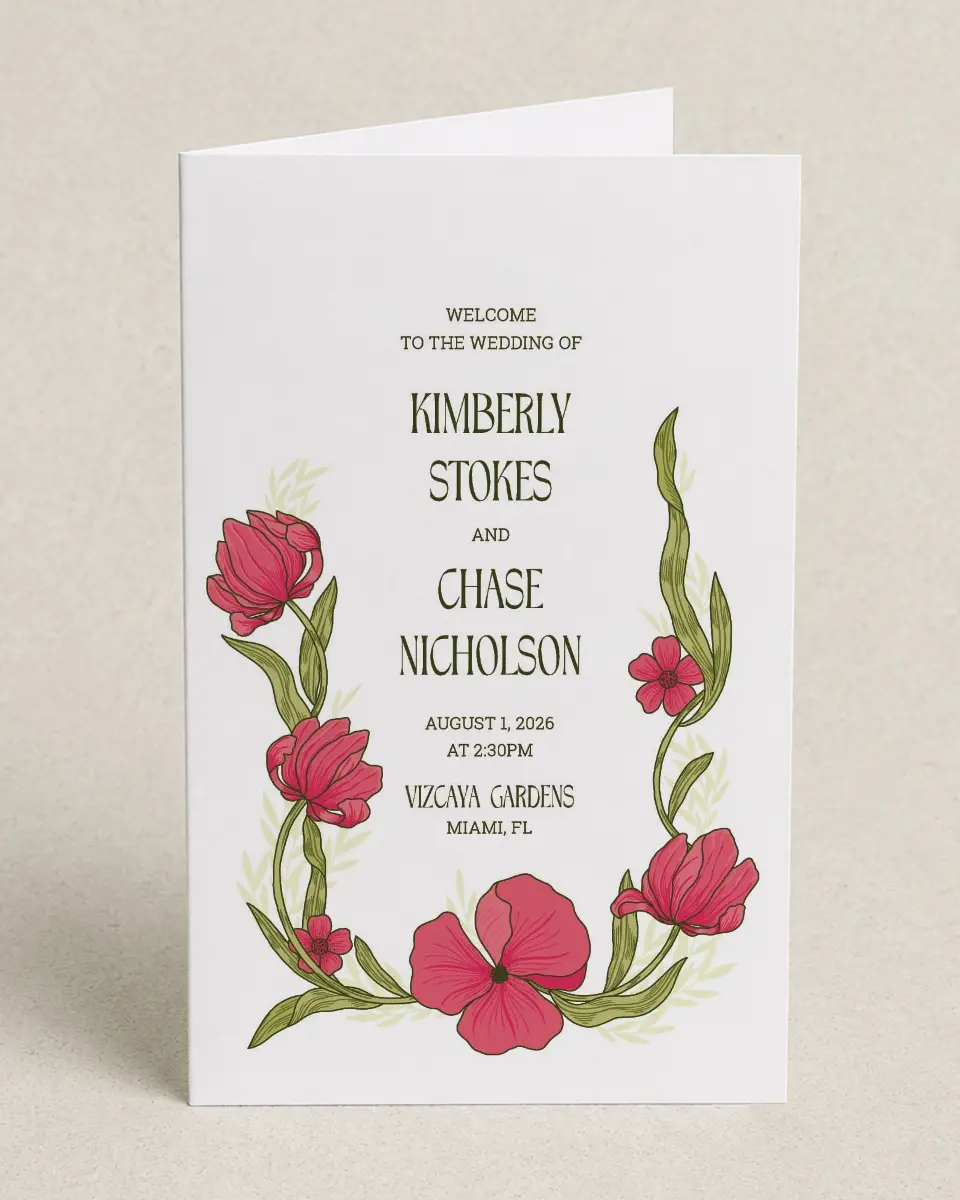 This is a 5" x 7⅞" Folded Half-fold Wedding Program called Nouveau Romance printed in full color with Gold foil on Premium Smooth paper
