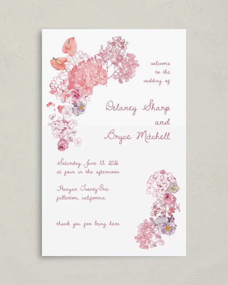 This is a 5" x 7⅞" Folded Half-fold Wedding Program called Blushing Whimsy printed in full color with Gold foil on Premium Smooth paper