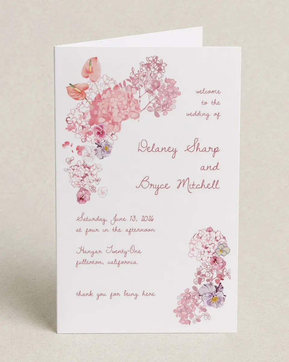 This is a 5" x 7⅞" Folded Half-fold Wedding Program called Blushing Whimsy printed in full color with Gold foil on Premium Smooth paper