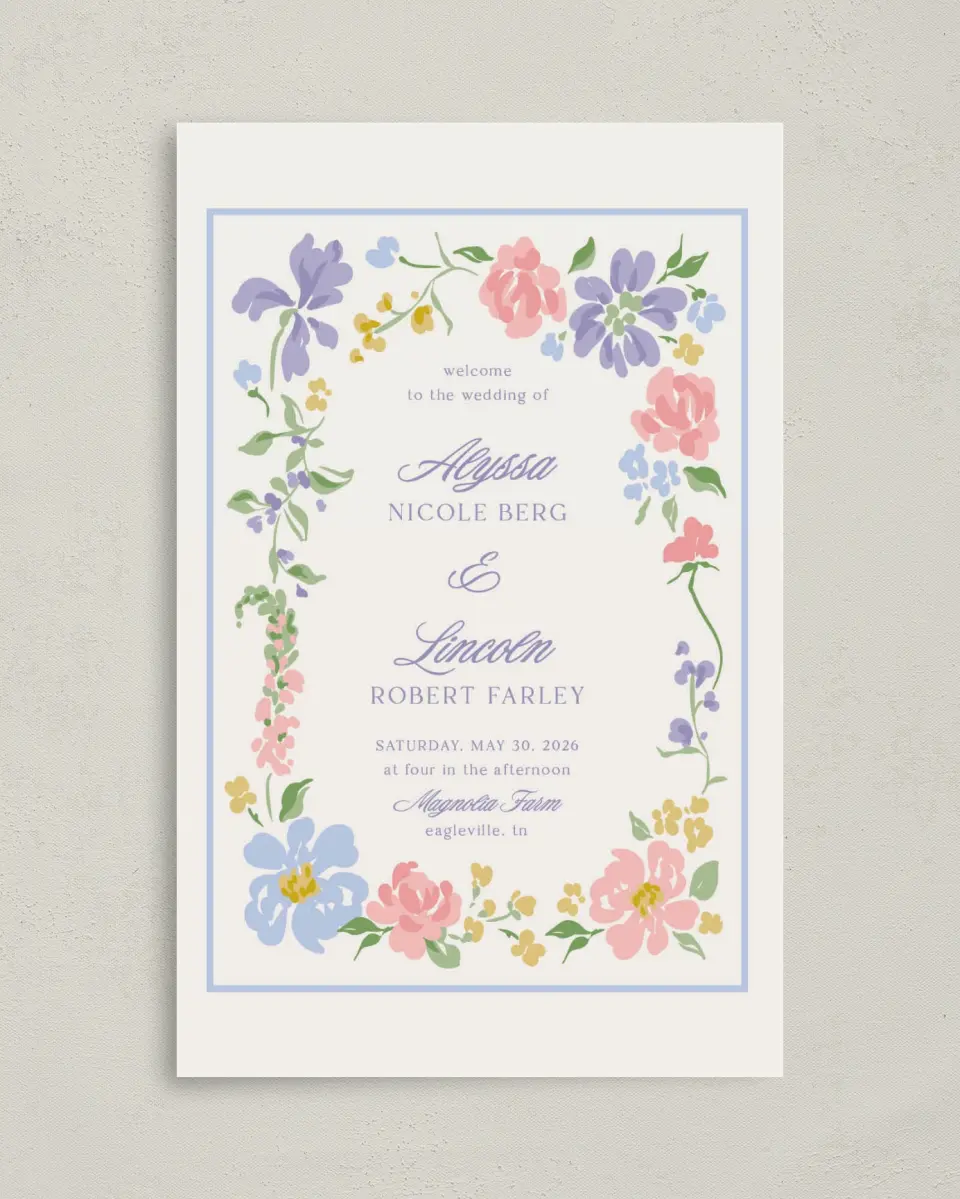 This is a 5" x 7⅞" Folded Half-fold Wedding Program called Gentle Garden printed in full color with Gold foil on Premium Smooth paper
