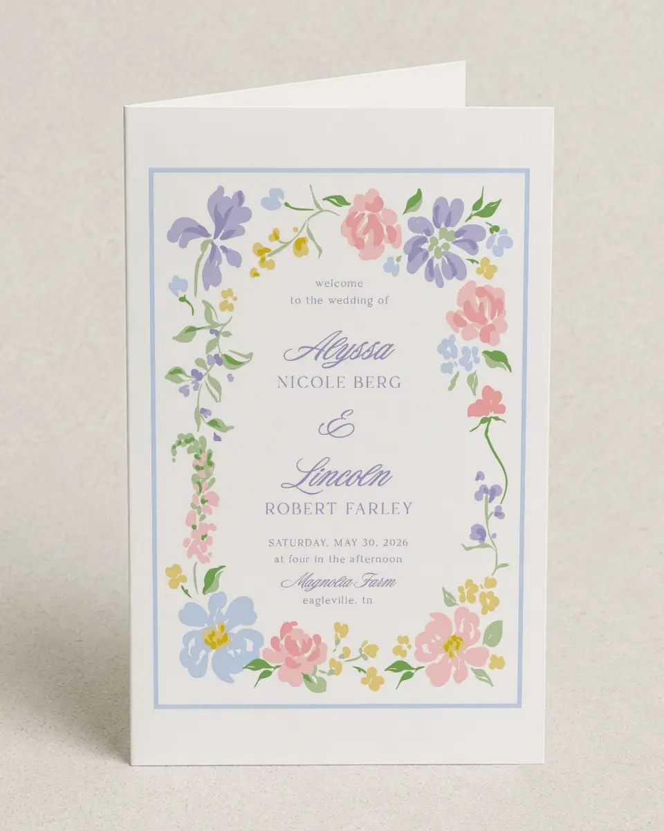 This is a 5" x 7⅞" Folded Half-fold Wedding Program called Gentle Garden printed in full color with Gold foil on Premium Smooth paper