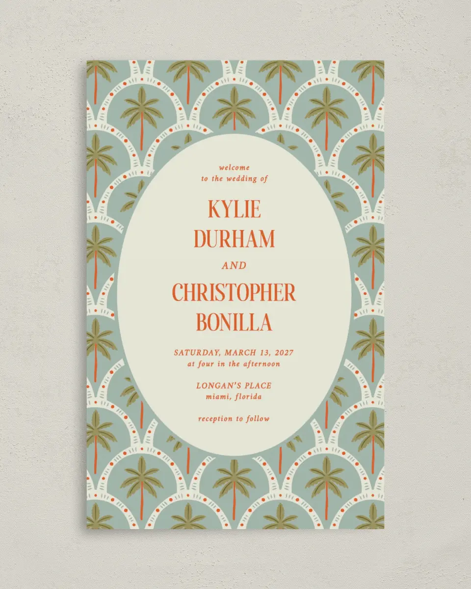 This is a 5" x 7⅞" Folded Half-fold Wedding Program called Tropical Treasure printed in full color with Gold foil on Premium Smooth paper
