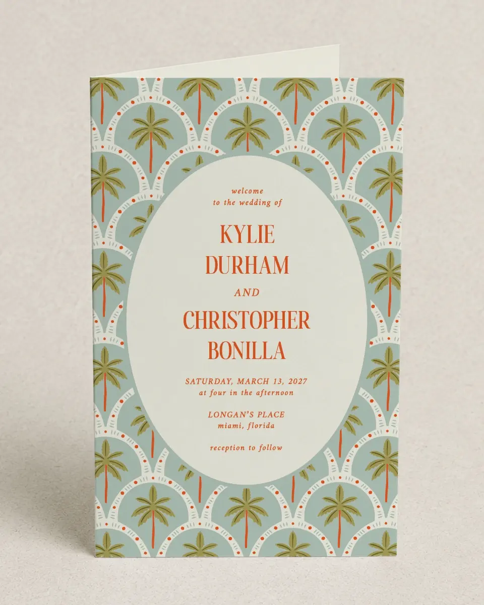 This is a 5" x 7⅞" Folded Half-fold Wedding Program called Tropical Treasure printed in full color with Gold foil on Premium Smooth paper
