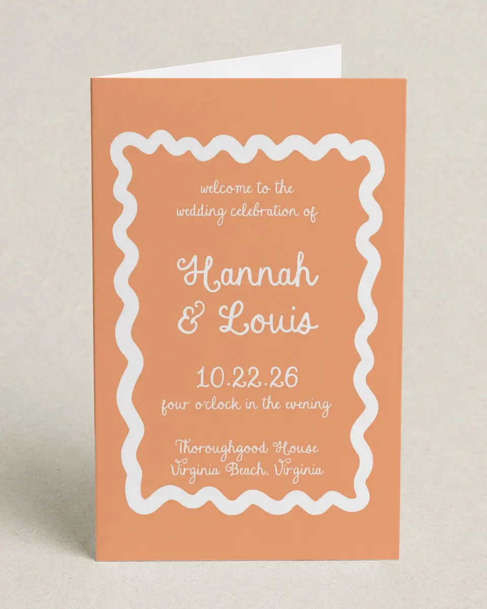This is a 5" x 7⅞" Folded Half-fold Wedding Program called Wavy Love printed in full color with Gold foil on Premium Smooth paper