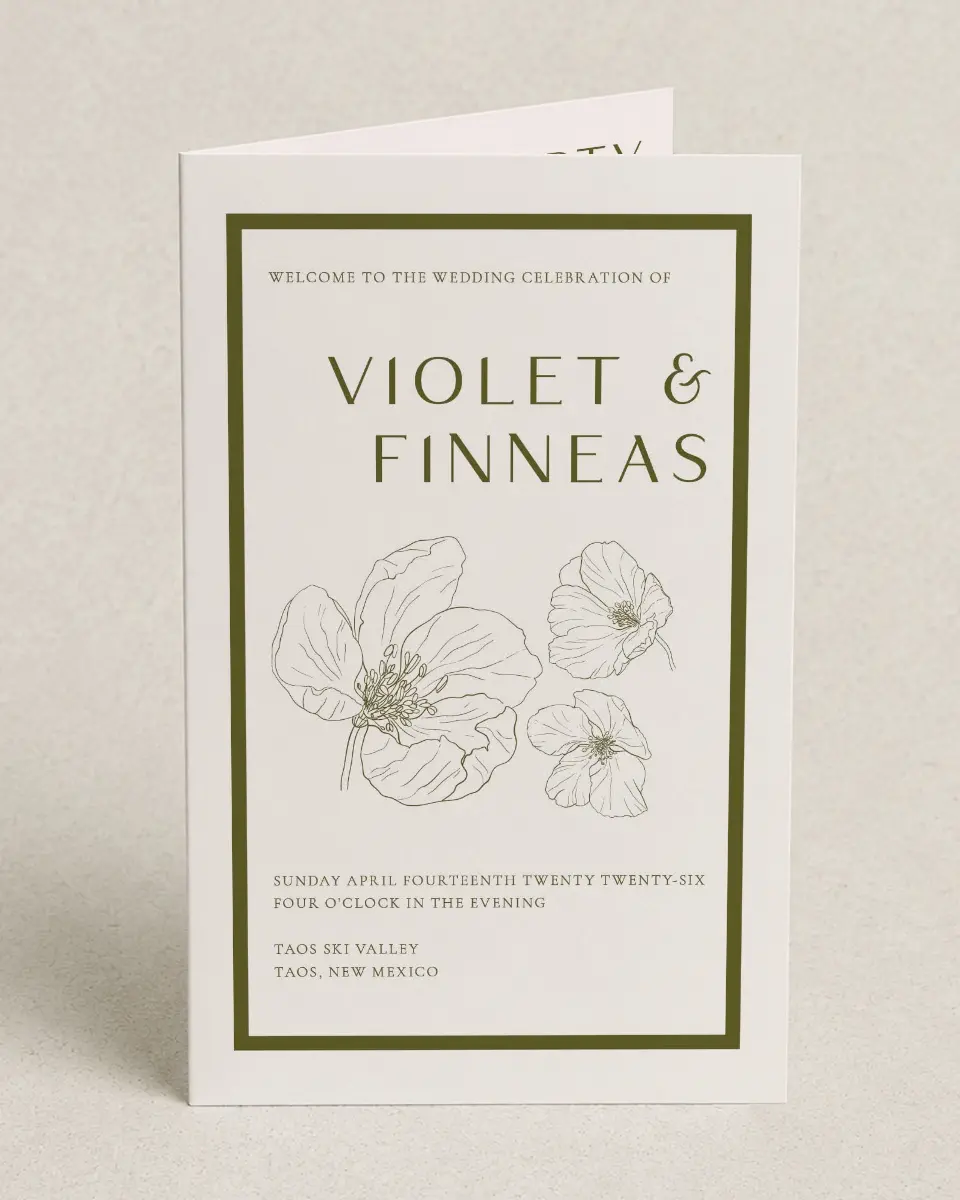 This is a 5" x 7⅞" Folded Half-fold Wedding Program called Delicate Love printed in full color with Gold foil on Premium Smooth paper