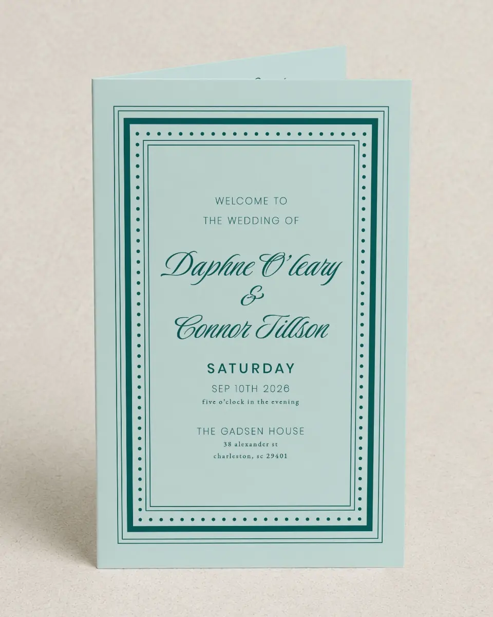 This is a 5" x 7⅞" Folded Half-fold Wedding Program called Faithful Frame printed in full color with Gold foil on Premium Smooth paper
