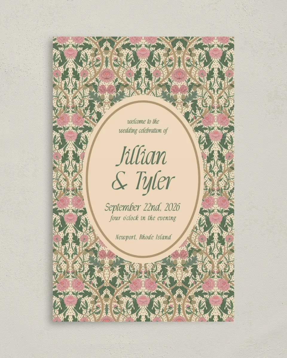 This is a 5" x 7⅞" Folded Half-fold Wedding Program called Regal Garden printed in full color with Gold foil on Premium Smooth paper