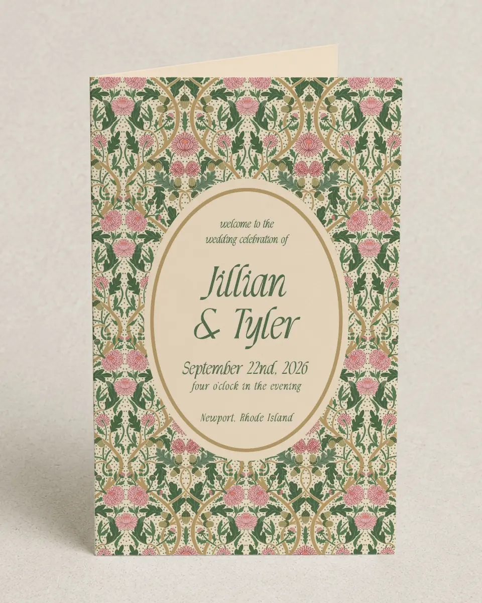This is a 5" x 7⅞" Folded Half-fold Wedding Program called Regal Garden printed in full color with Gold foil on Premium Smooth paper