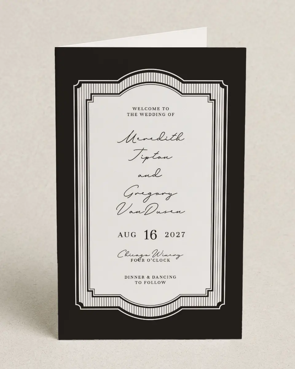This is a 5" x 7⅞" Folded Half-fold Wedding Program called Opulent Endearment printed in full color with Gold foil on Premium Smooth paper