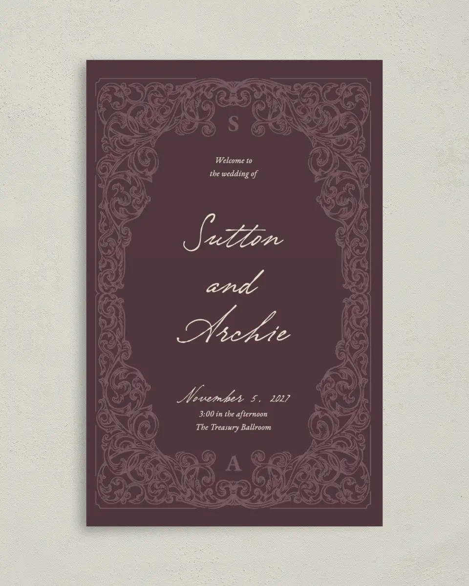 This is a 5" x 7⅞" Folded Half-fold Wedding Program called Victorian Aura printed in full color with Gold foil on Premium Smooth paper
