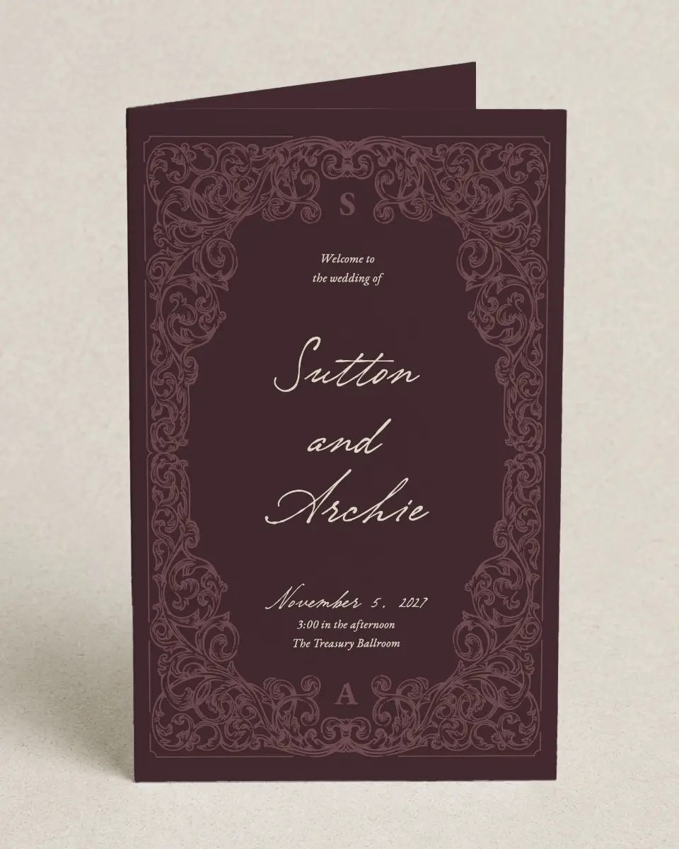 This is a 5" x 7⅞" Folded Half-fold Wedding Program called Victorian Aura printed in full color with Gold foil on Premium Smooth paper