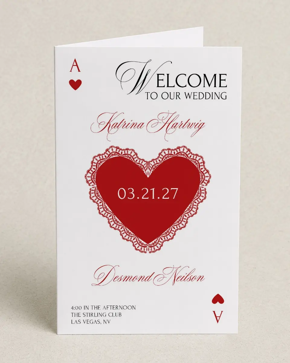 This is a 5" x 7⅞" Folded Half-fold Wedding Program called Elevated Vegas printed in full color with Gold foil on Premium Smooth paper