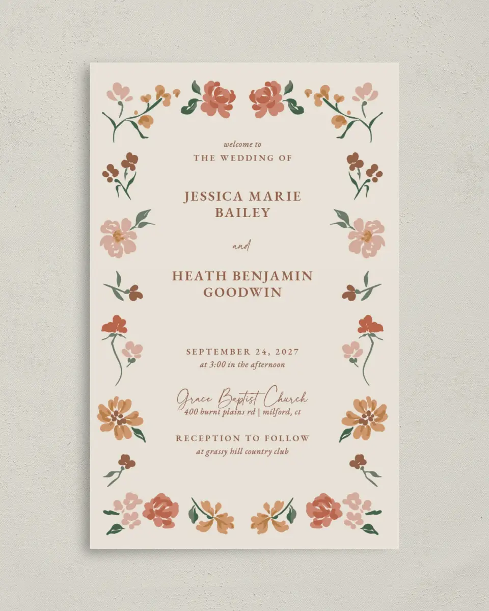 This is a 5" x 7⅞" Folded Half-fold Wedding Program called Plush Petals printed in full color with Gold foil on Premium Smooth paper