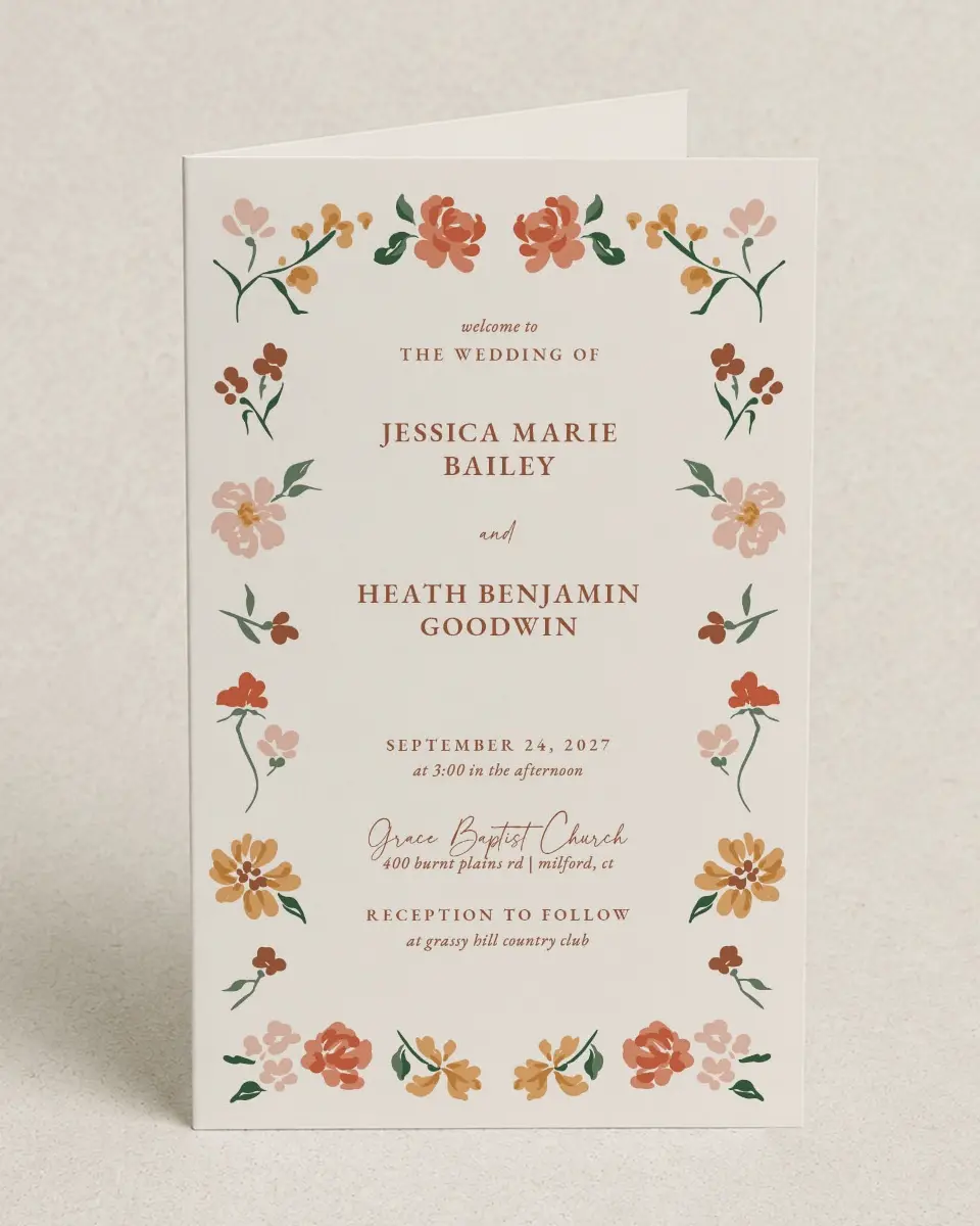 This is a 5" x 7⅞" Folded Half-fold Wedding Program called Plush Petals printed in full color with Gold foil on Premium Smooth paper