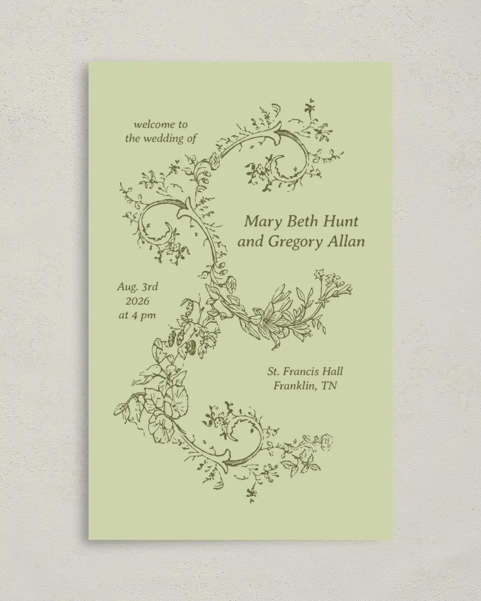 This is a 5" x 7⅞" Folded Half-fold Wedding Program called Vintage Chinoiserie printed in full color with Gold foil on Premium Smooth paper