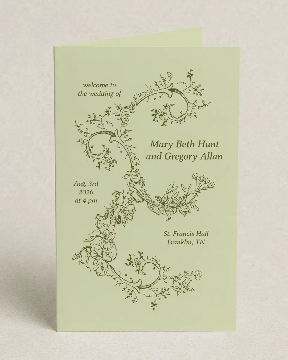 This is a 5" x 7⅞" Folded Half-fold Wedding Program called Vintage Chinoiserie printed in full color with Gold foil on Premium Smooth paper