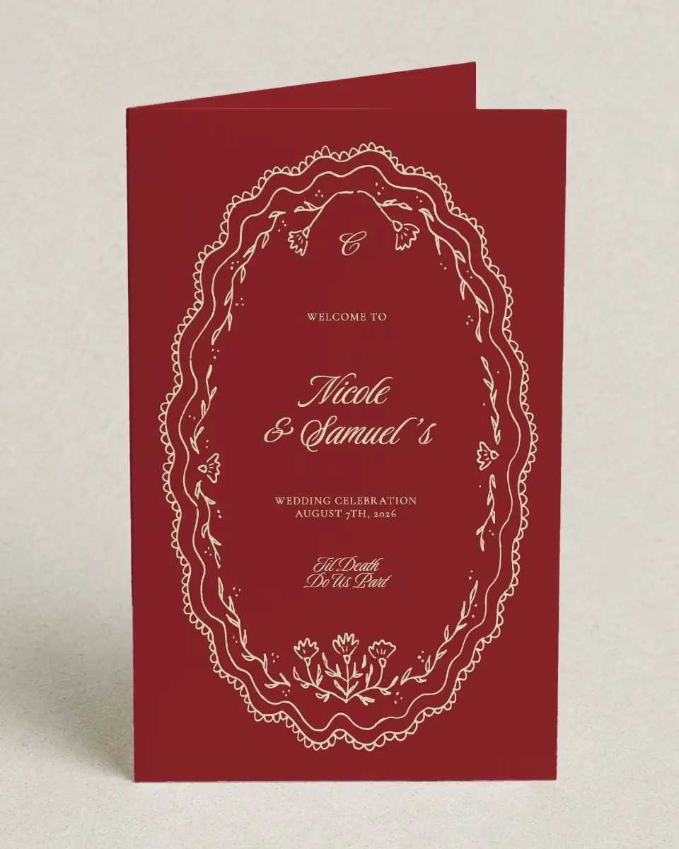 This is a 5" x 7⅞" Folded Half-fold Wedding Program called Bloom & Crest printed in full color with Gold foil on Premium Smooth paper
