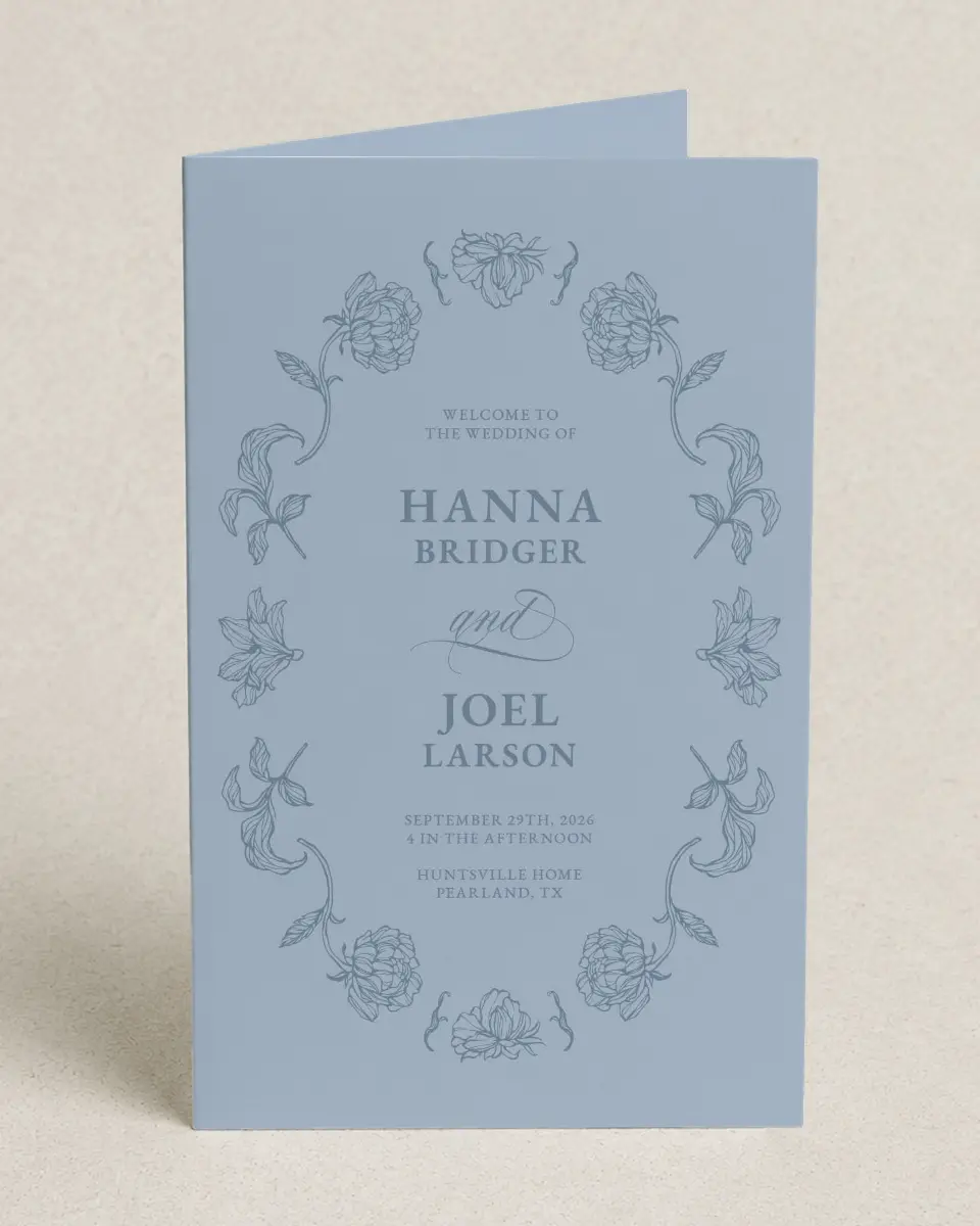This is a 5" x 7⅞" Folded Half-fold Wedding Program called Pressed Petals printed in full color with Gold foil on Premium Smooth paper