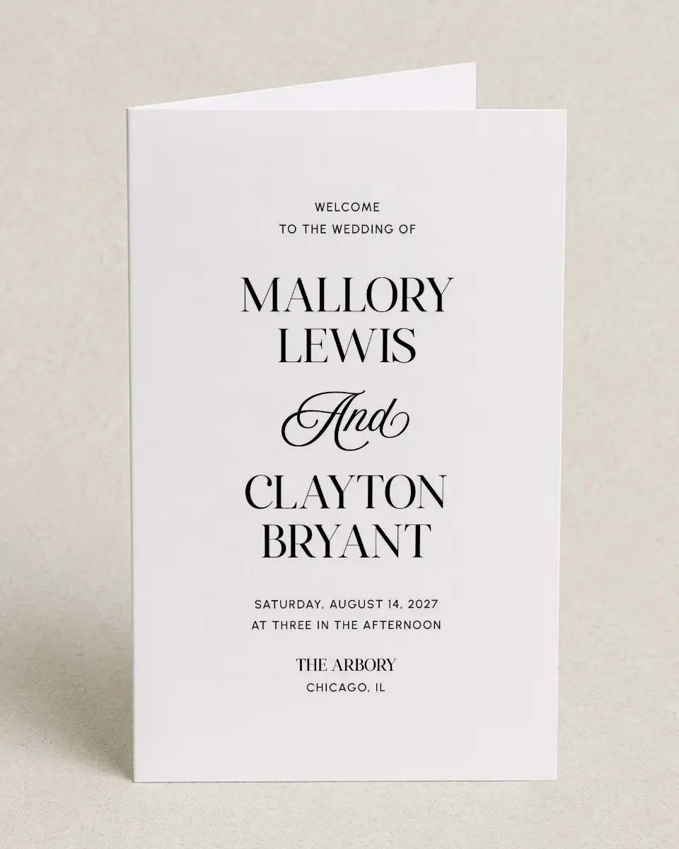 This is a 5" x 7⅞" Folded Half-fold Wedding Program called The Mallory printed in full color on Premium Smooth paper