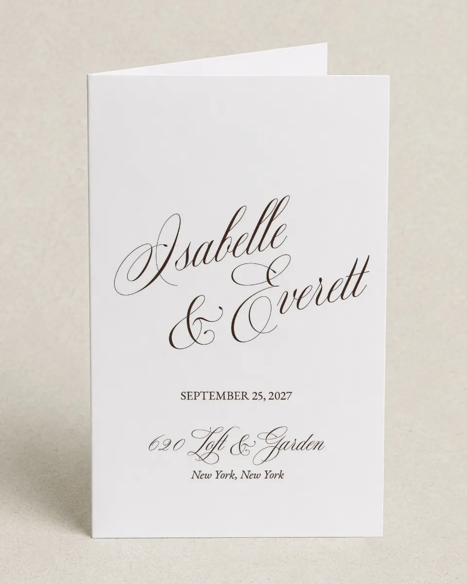 This is a 5" x 7⅞" Folded Half-fold Wedding Program called The Isabelle printed in full color with Rose Gold foil on Luxe Satin (coated) paper