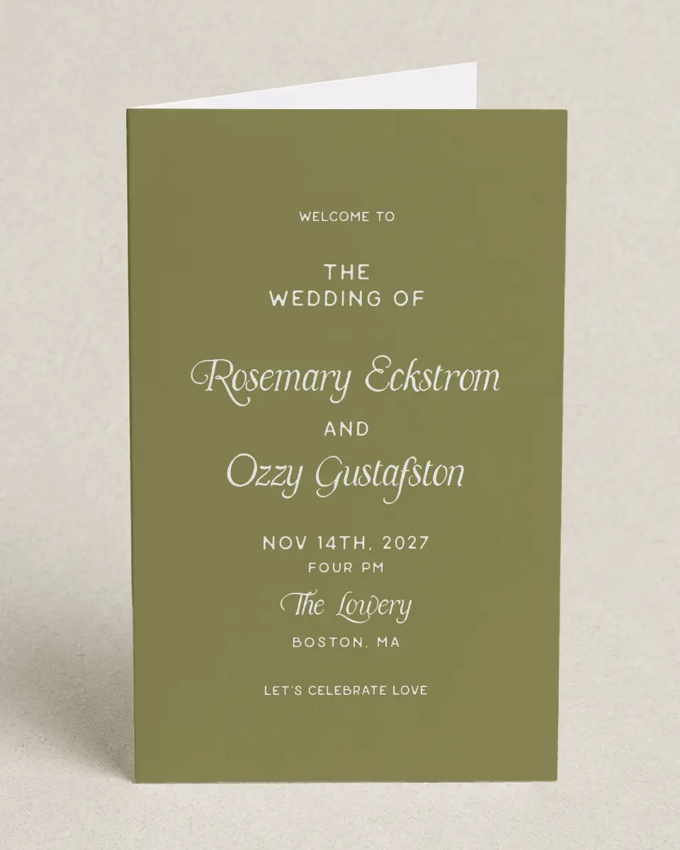 This is a 5" x 7⅞" Folded Half-fold Wedding Program called The Rosemary printed in full color on Premium Smooth paper
