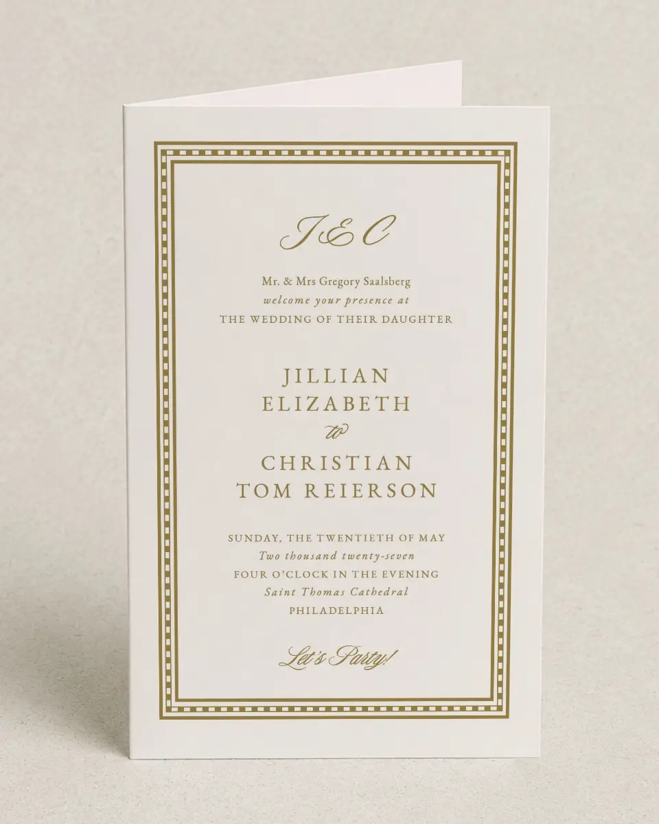 This is a 5" x 7⅞" Folded Half-fold Wedding Program called The Jillian printed in full color on Premium Smooth paper