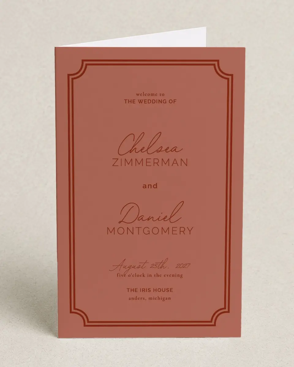 This is a 5" x 7⅞" Folded Half-fold Wedding Program called The Chelsea printed in full color on Premium Smooth paper