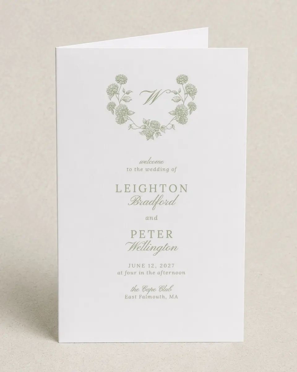This is a 5" x 7⅞" Folded Half-fold Wedding Program called Harmonious Hydrangea printed in full color with Silver foil on Luxe Satin (coated) paper