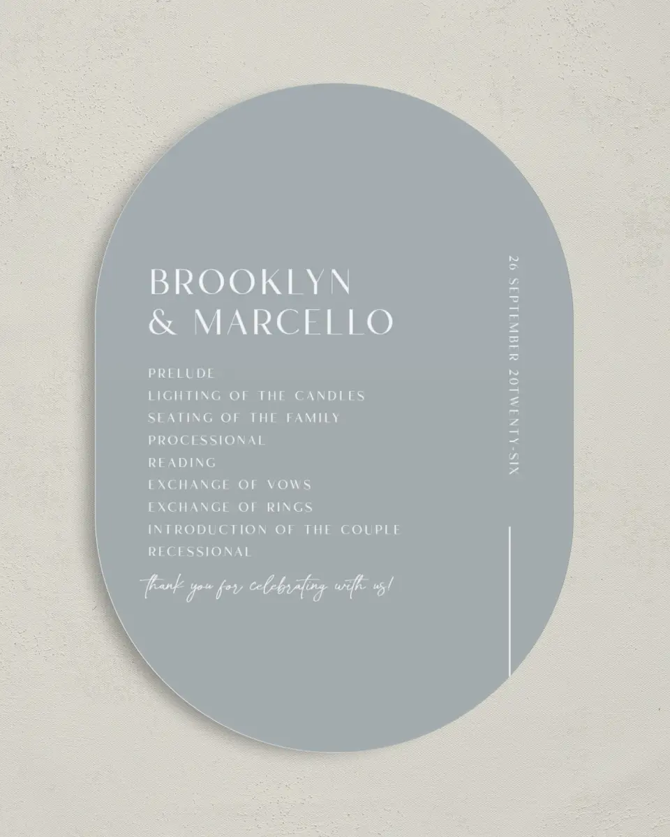 This is a 5" x 7" Tea-length Wedding Program called The Brooklyn printed in full color on Premium Smooth paper
