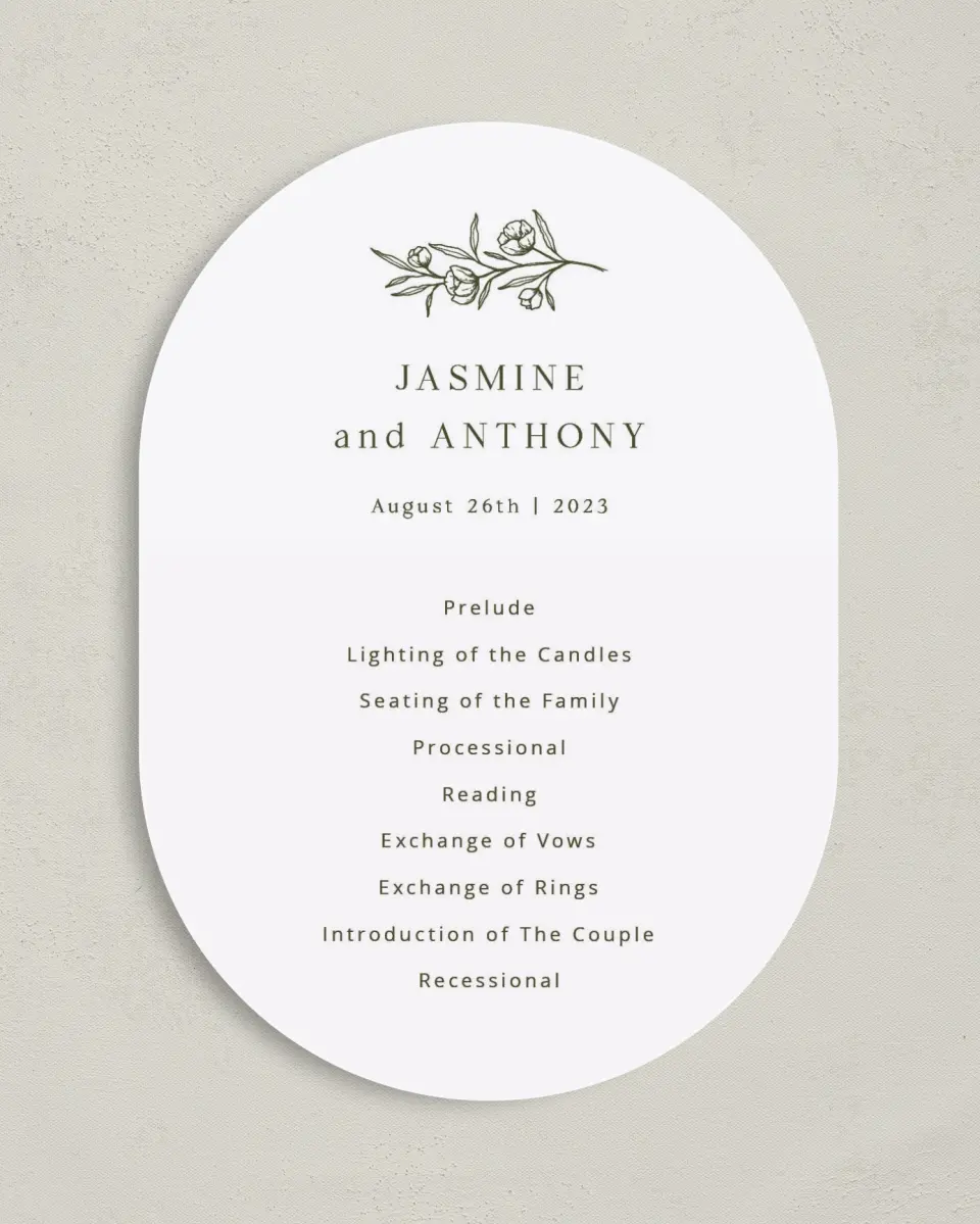 This is a 5" x 7" Tea-length Wedding Program called The Jasmine printed in full color on Premium Smooth paper