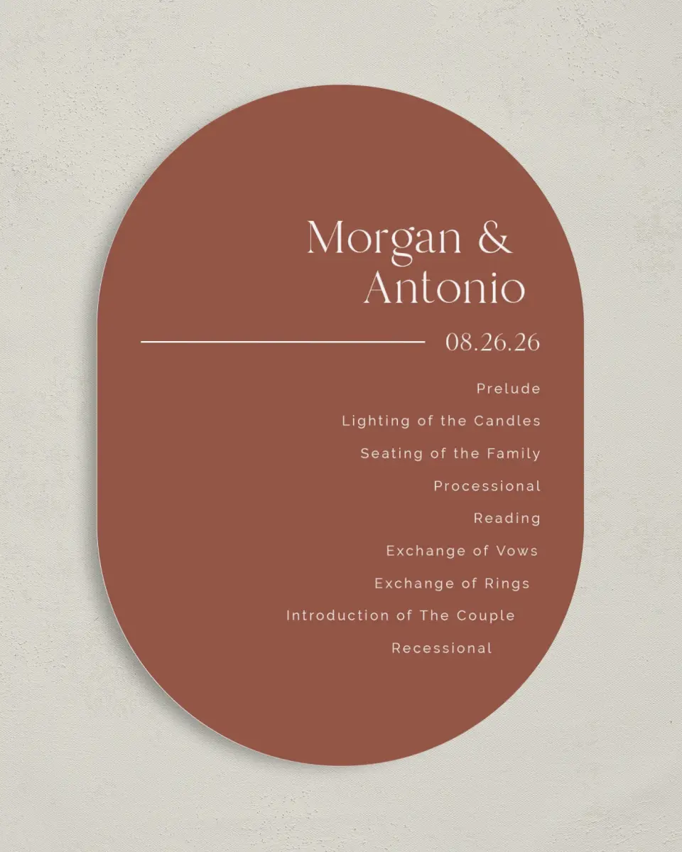 This is a 5" x 7" Tea-length Wedding Program called The Morgan printed in full color on Premium Smooth paper