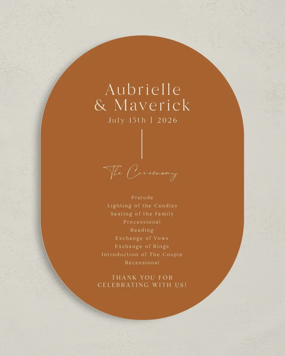 This is a 5" x 7" Tea-length Wedding Program called The Aubrielle printed in full color on Premium Smooth paper
