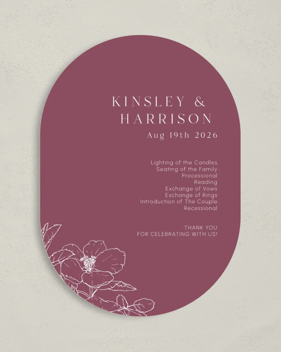 This is a 5" x 7" Tea-length Wedding Program called The Kinsley printed in full color on Premium Smooth paper