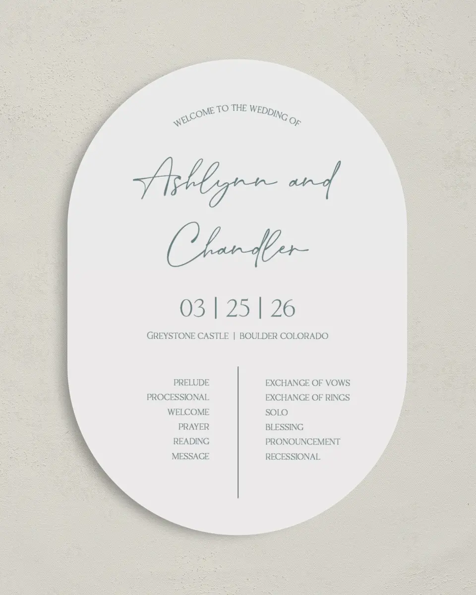 This is a 5" x 7" Tea-length Wedding Program called The Ashlynn printed in full color on Premium Smooth paper