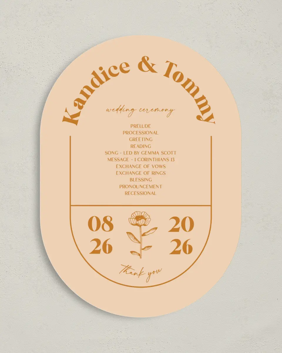 This is a 5" x 7" Tea-length Wedding Program called The Kandice printed in full color on Premium Smooth paper