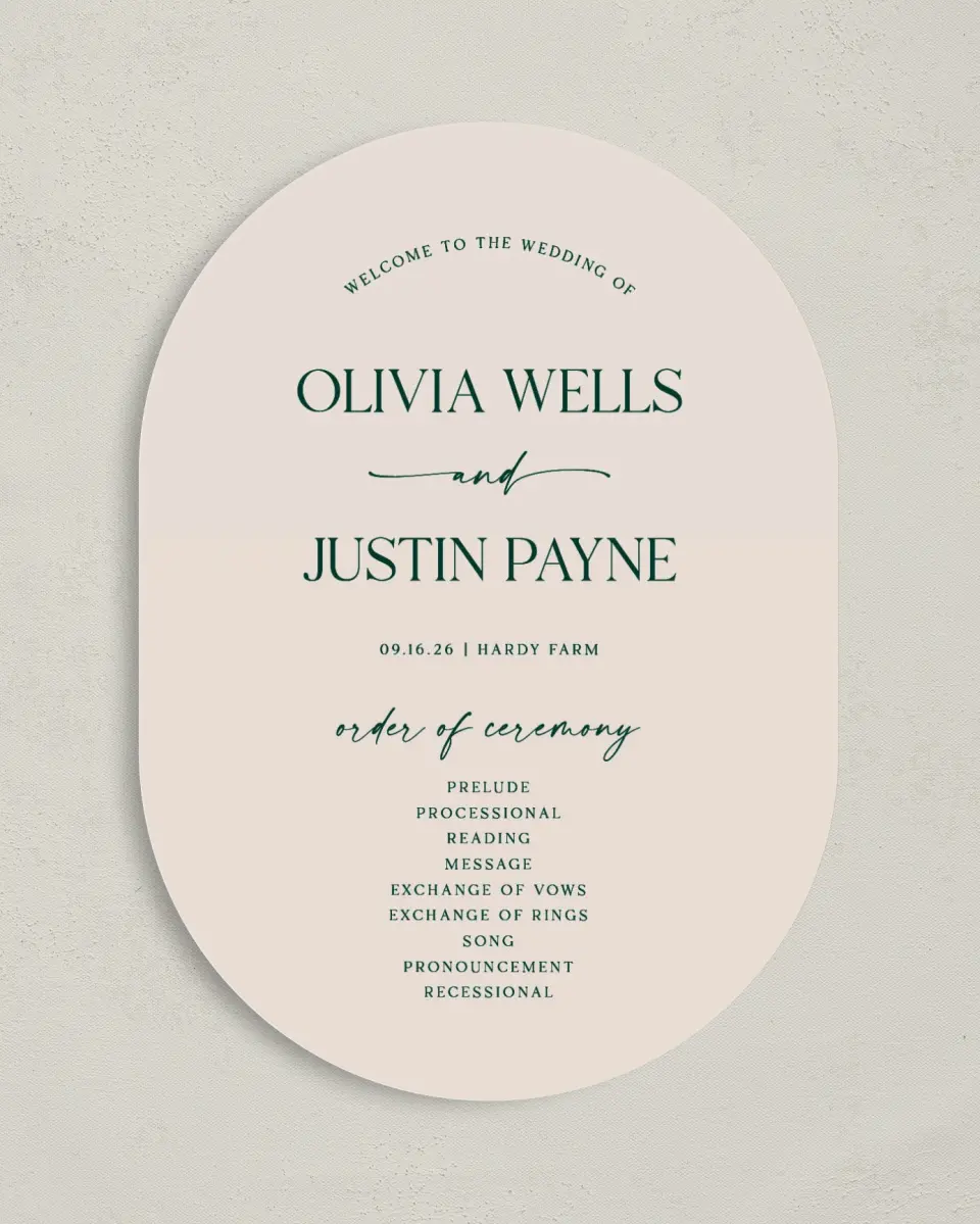 This is a 5" x 7" Tea-length Wedding Program called The Olivia printed in full color on Premium Smooth paper