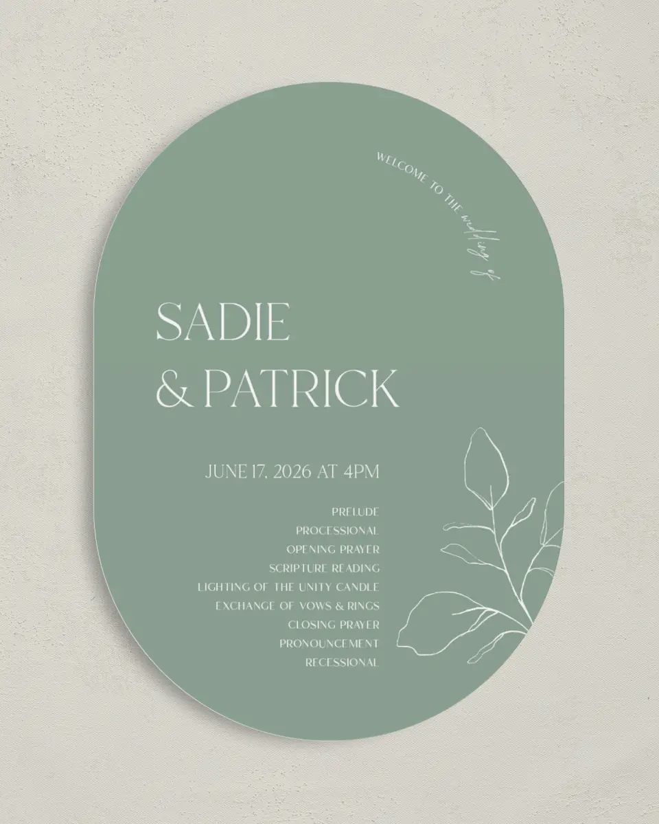 This is a 5" x 7" Tea-length Wedding Program called The Sadie printed in full color on Premium Smooth paper