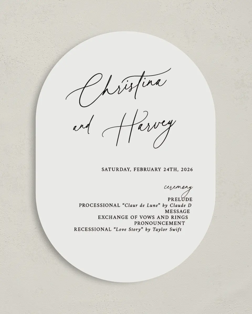 This is a 5" x 7" Tea-length Wedding Program called The Christina printed in full color on Premium Smooth paper
