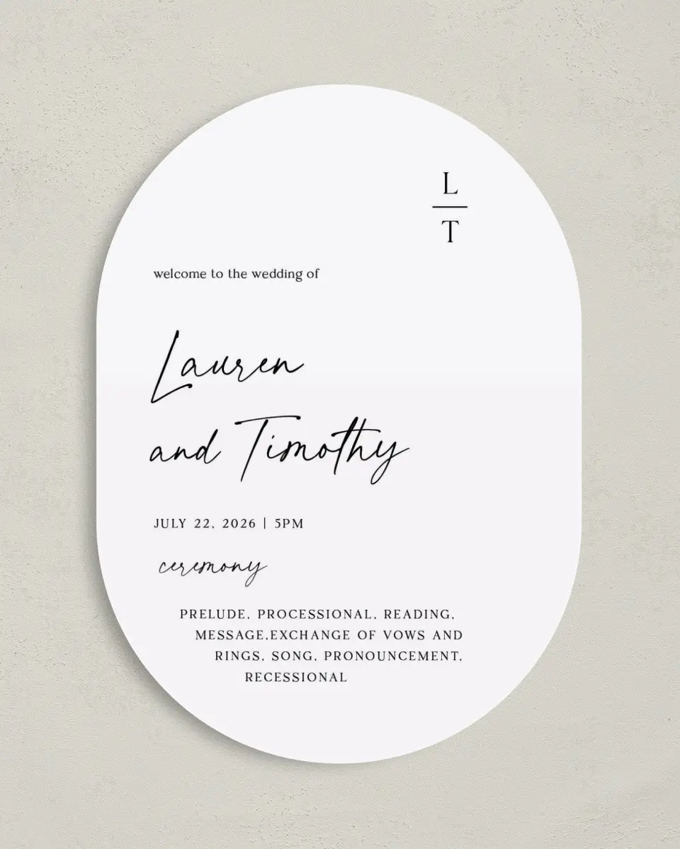 This is a 5" x 7" Tea-length Wedding Program called The Lauren printed in full color on Premium Smooth paper