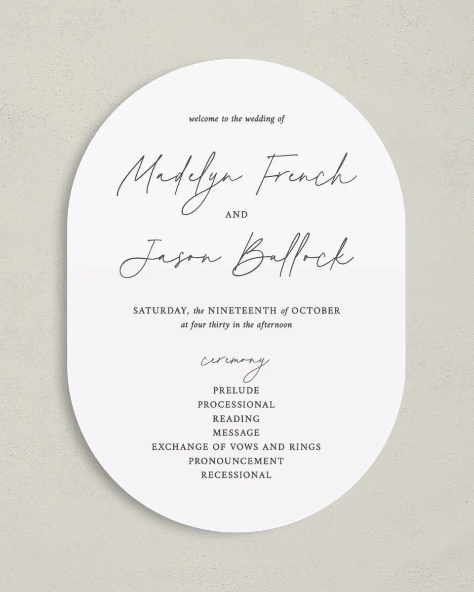 This is a 5" x 7" Tea-length Wedding Program called The Madelyn printed in full color on Premium Smooth paper