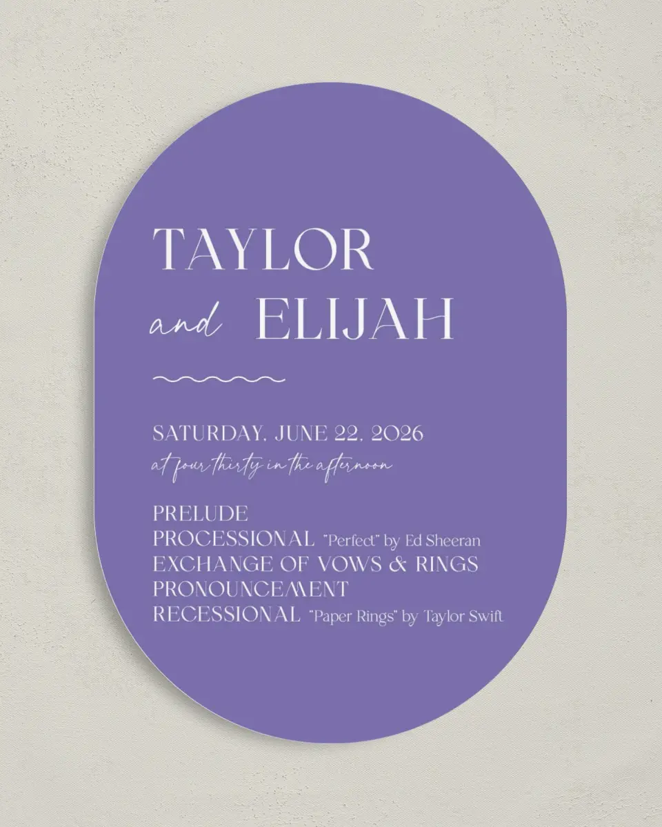 This is a 5" x 7" Tea-length Wedding Program called The Taylor printed in full color on Premium Smooth paper